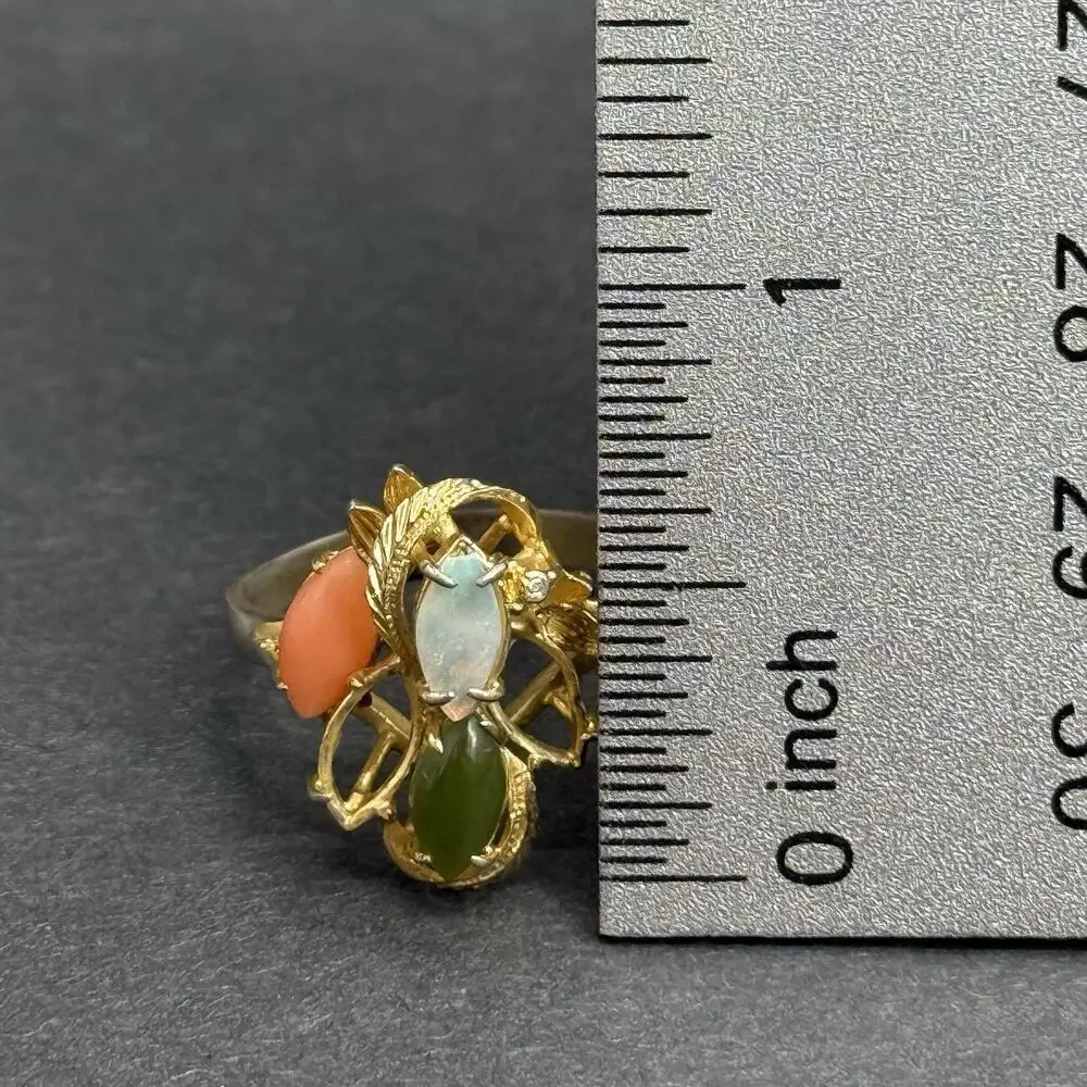 Vintage 14K GF Opal Coral Jade Marquise Multi-Stone Floral Bypass Ring Size 9